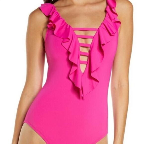BLEU by Rod Beattie hot pink ruffle one piece bathing suit new!! - Picture 2 of 11